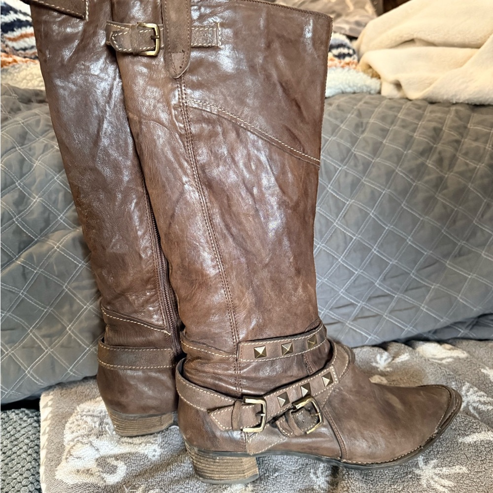 Women's Brown Studded Mid-Calf Heeled Boots